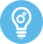 light blue circle with an icon of a lightbulb with gears inside